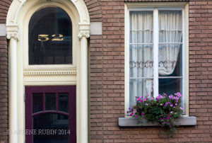 Door facade, window, lace curtain, flowers